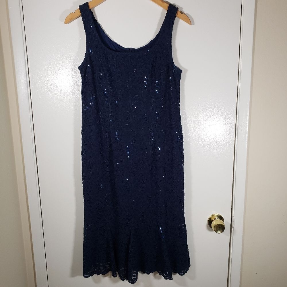 Alex Evenings Blue Lace Sequin Covered Sleeveless Dress Size Petite 8